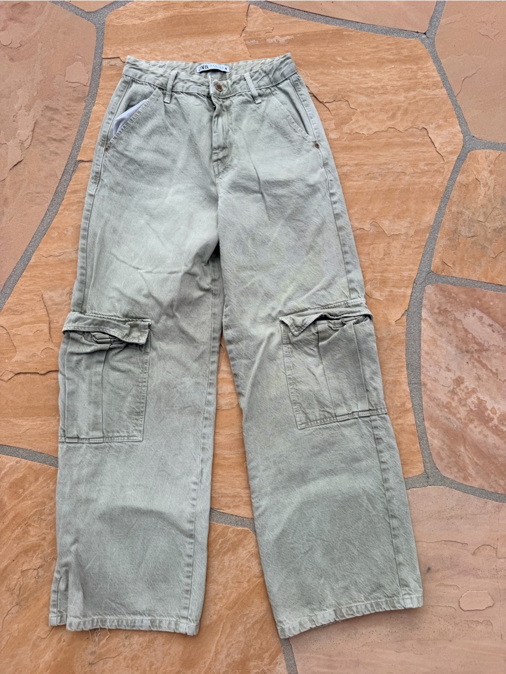 Zara Baggy Cargo Y2K Baggy Grunge Pants faded Light Green Wash Womens Sz 4